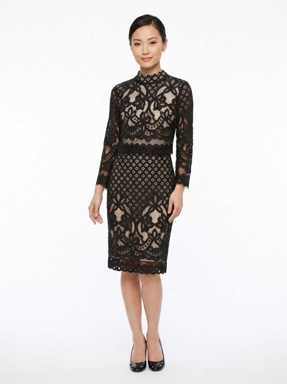 Ivy City Co Black Lace Long-Sleeve Sheath Dress with Nude Lining